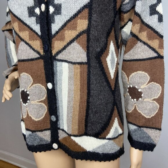 Vtg La Vicunita Baby Alpaca Cardigan Sweater Sz M Flower Leaf Neutrals - Picture 2 of 8